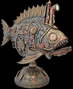 teampunk Melanocetus figur i bronze-look med glødende røde øjne og LED-lys